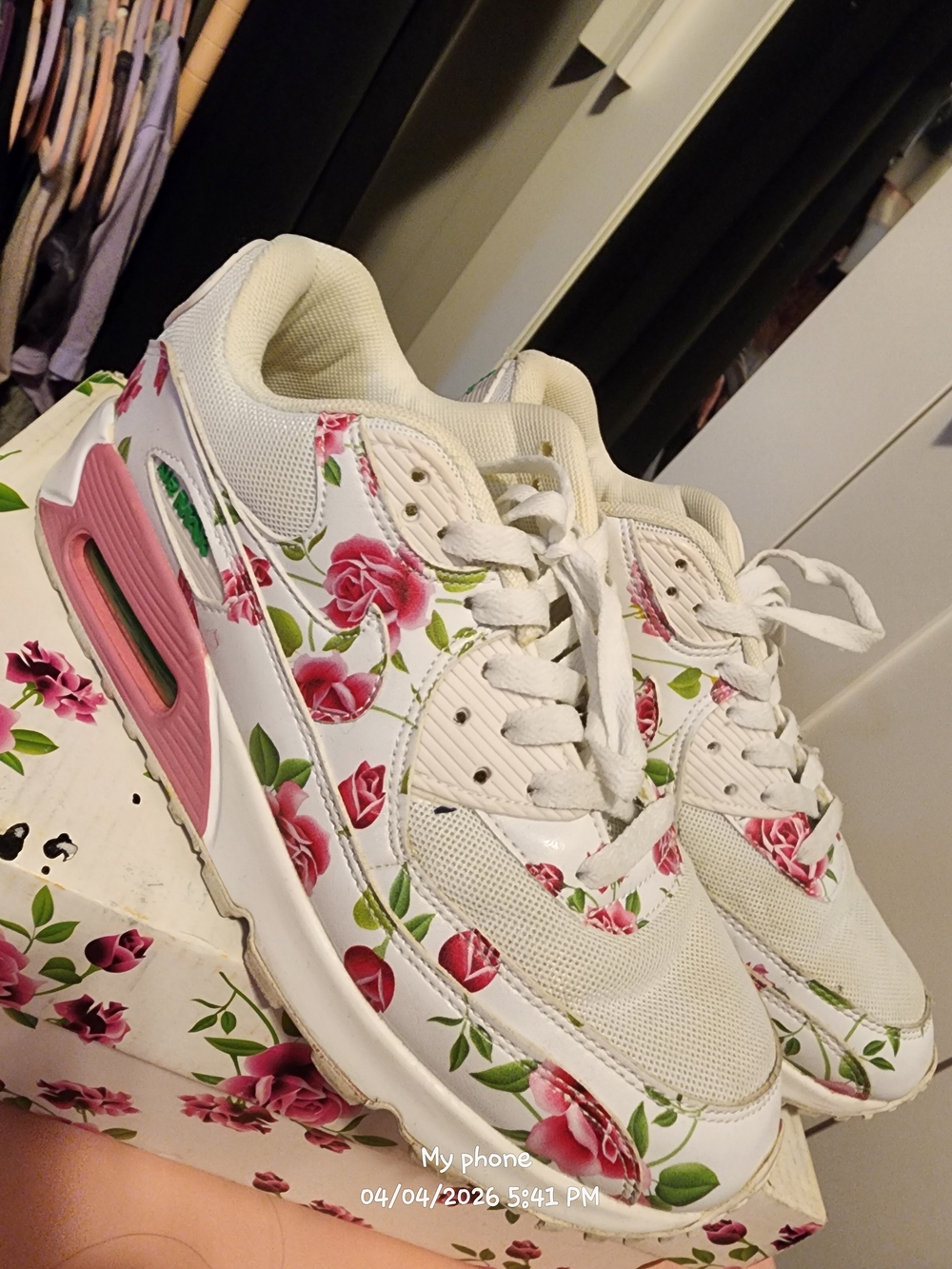 Nike Women's White Sneakers with Pink Rose Print